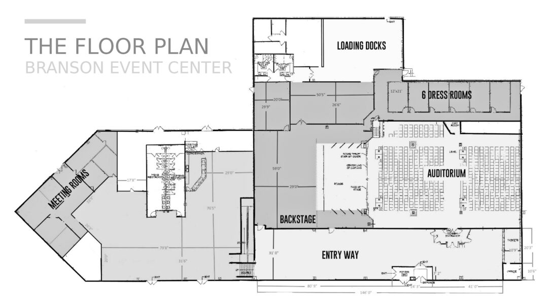 Branson Meadows Events floor plan: auditorium, backstage, six dressing rooms, loading docks, entry way, and meeting rooms with dimensions